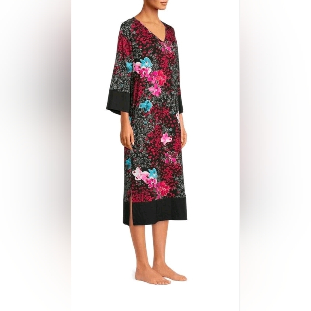 N Natori Studio Floral  Cozy Knit Lounger Dress Boho Midi Women's sz XL